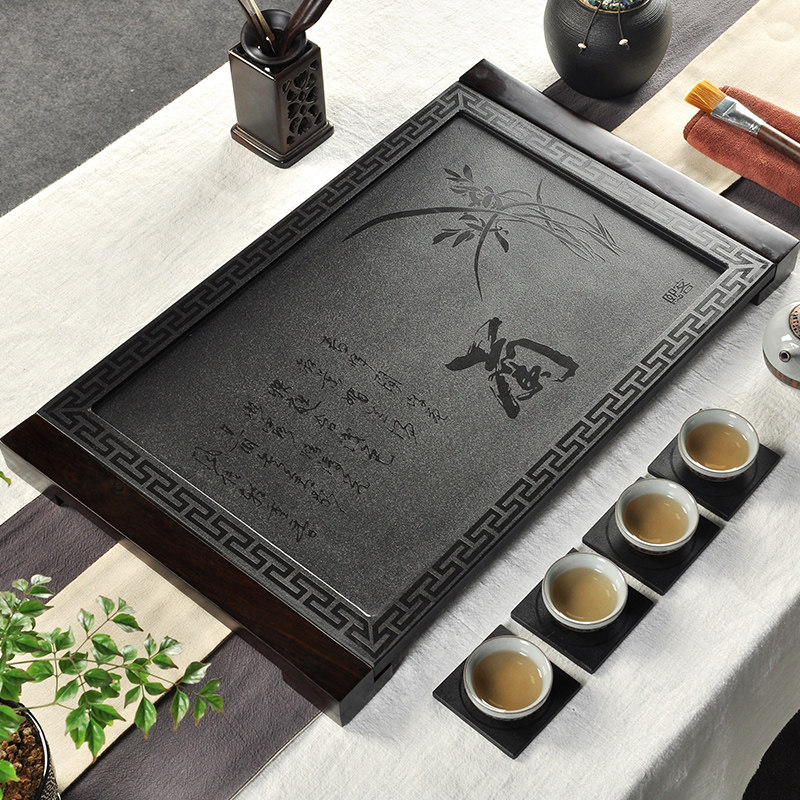 Sanming household whole black gold stone tea tray Simple stone drainage Ebony office large small custom tea table