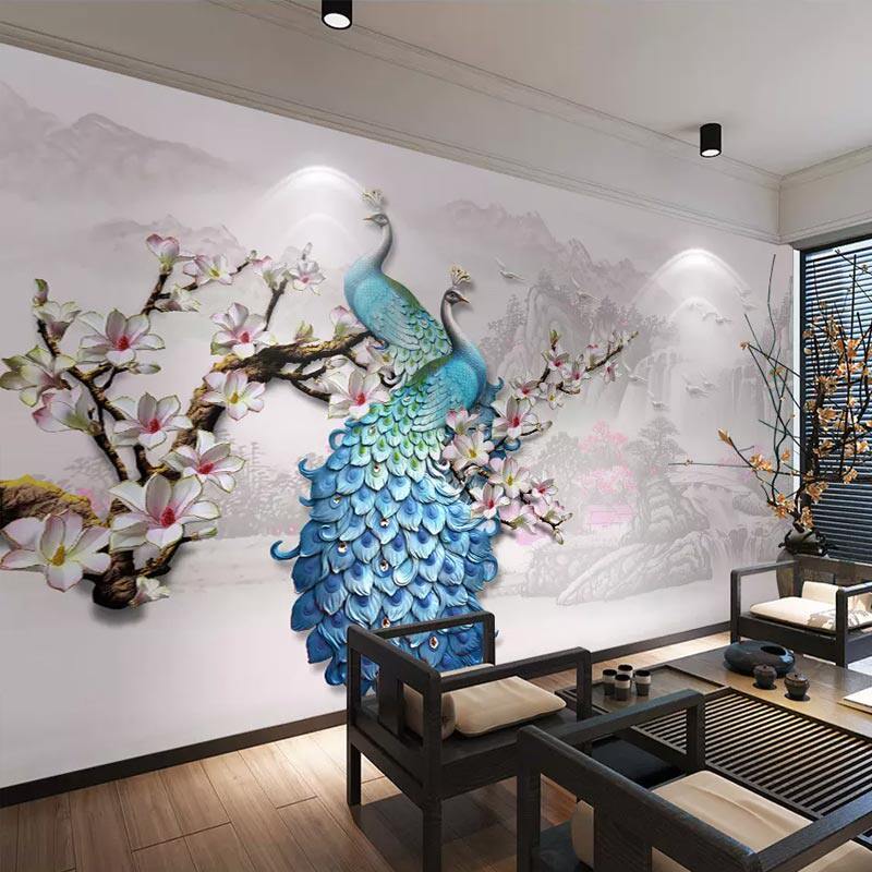 New Chinese TV background bamboo and wood fiber decoration 8D wallboard living room artistic conception mountain ink peacock integrated board painting