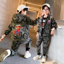 Boys set tide handsome fashion Spider spring 2021 New Tide denim jacket camouflage pants two-piece set