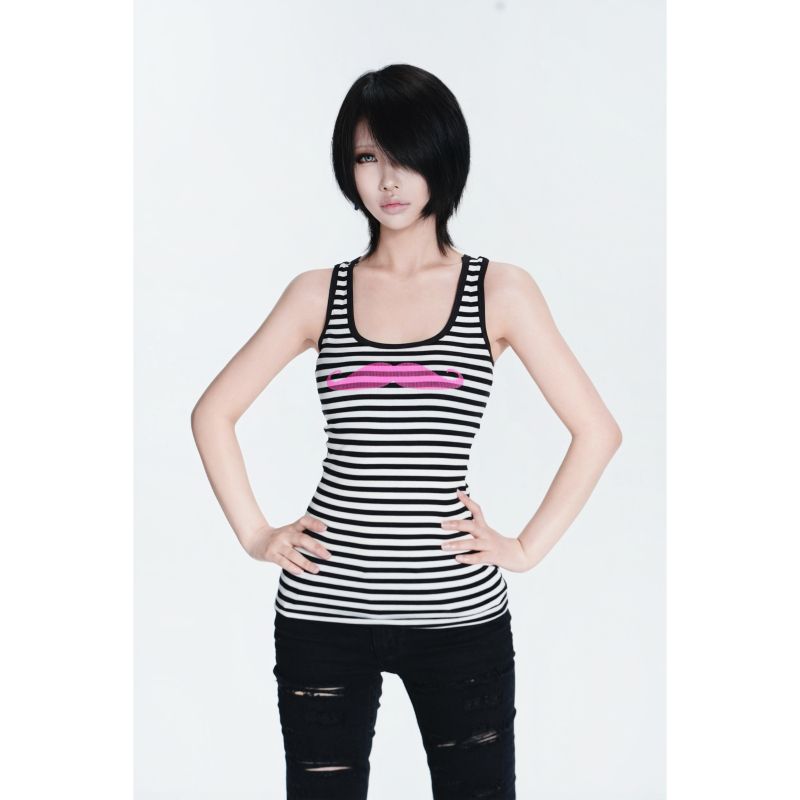 Toxic Ki33 | Black and White Striped Slim Fit Beard Print Ribbed Tank Top Toxic Ki33 | Black and White Striped Slim Fit Beard Print Ribbed Tank Top