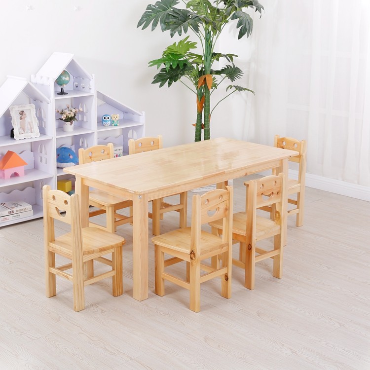 Kindergarten solid wood table and chairs wood Zhangzi pine children 6 class table and chairs log learning rectangular oak wood table
