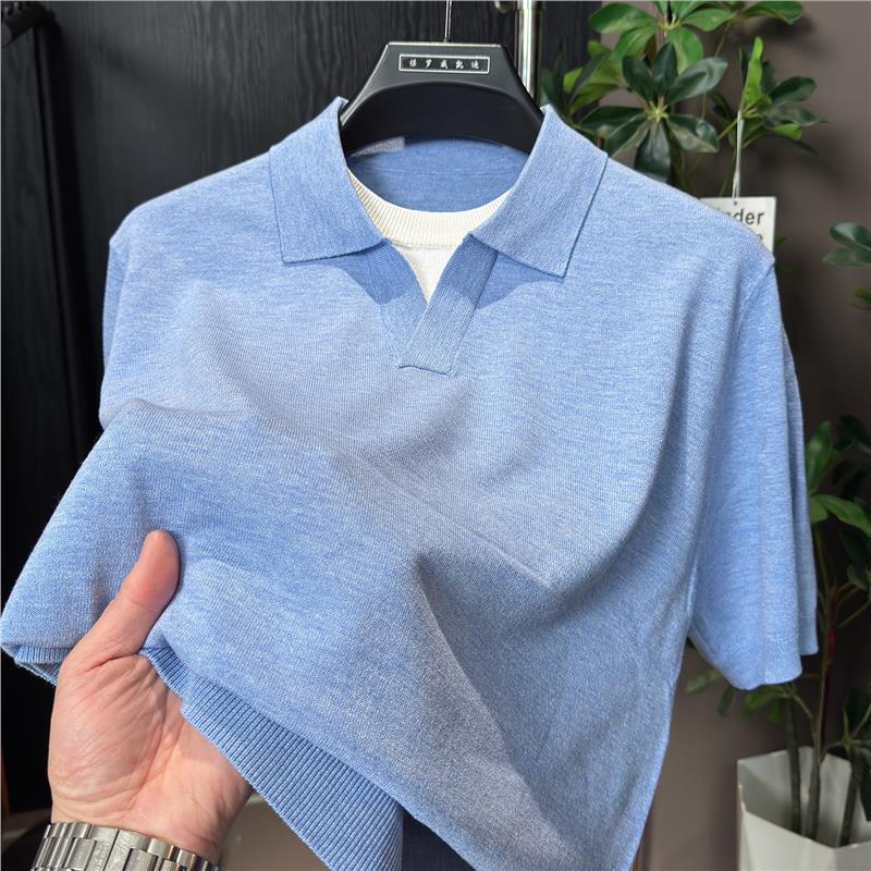 Light Luxury Minimalist Style Polo Collar Short-Sleeved T-Shirt for Men, Blue Thin Lapel Spring and Summer Skin-Friendly Half-Sleeve Knitted Top