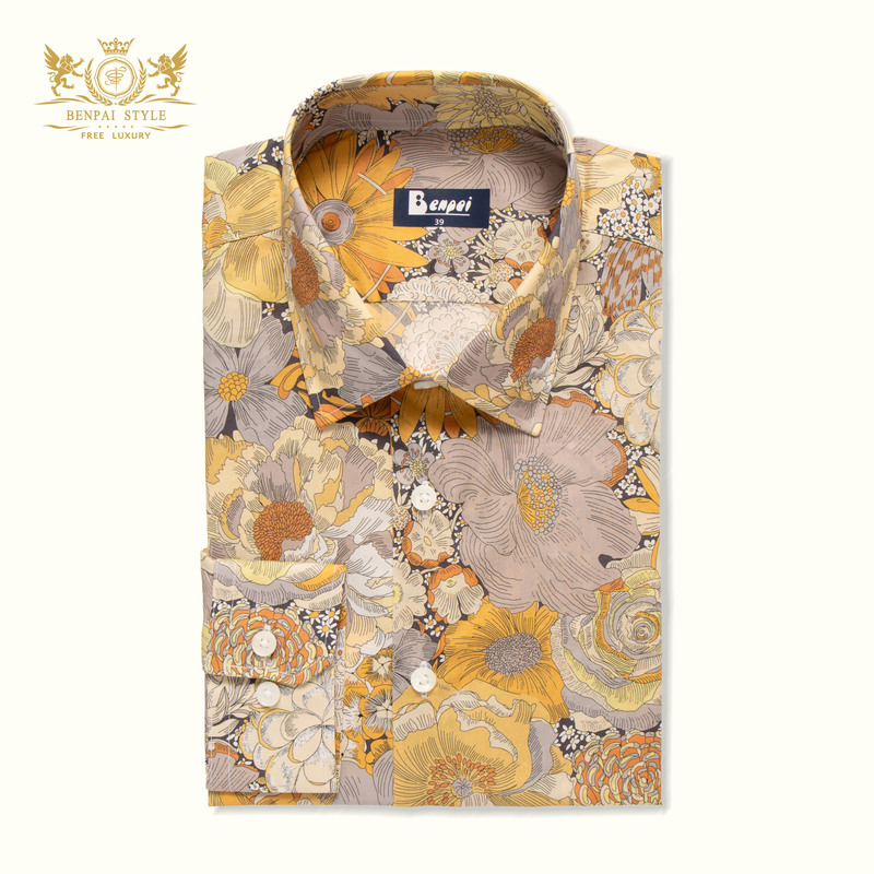 Men's Shirt with Gold Floral Pattern [Flower Series] Yellow Floral High-End Cotton Slim-Fit Long-Sleeve Shirt