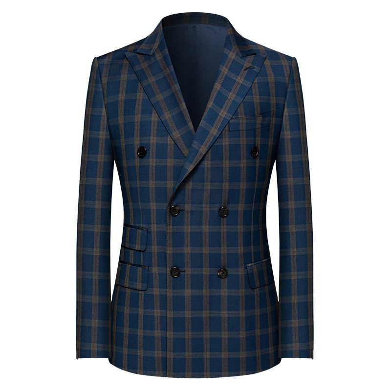 Men's Wool Plaid Suit New Scottish Plaid Double-Breasted Peaked Lapel Blazer for Men