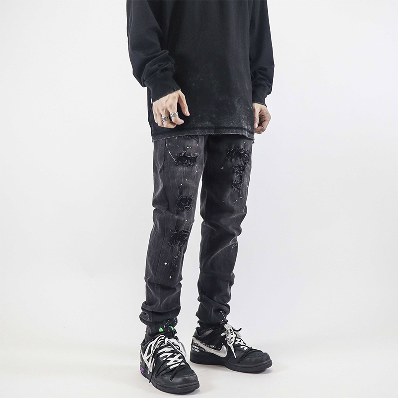 POCKET INS European and American high street dark wind pants washed black casual slim denim cigarette pants tide brand men