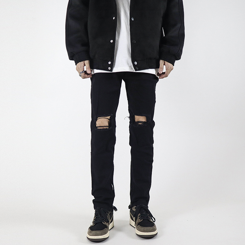 POCKET INS European and American high street pants zipper straight black ripped jeans slim small feet tide brand men