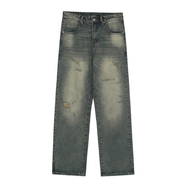 ZPOCKET high street American retro wide-leg ripped jeans men's loose straight pants summer ແບບບາງໆສໍາລັບແມ່ຍິງ