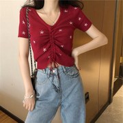 V-cổ bốc thăm dây ngắn tay băng-đan bottomshirt phụ nữ mùa hè mỏng T-shirt ngắn kiểu máy không khí cảm giác thiết kế hàng đầu