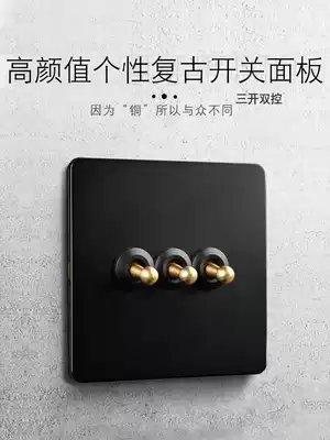 Three-open double-cut light switch Stainless steel metal panel Brass lever 86 type wall concealed retro industrial style