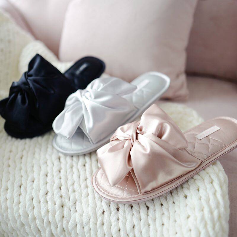 ins slippers ladies flat spring and autumn cool home indoor non-slip Korean bow satin home shoes bridesmaid