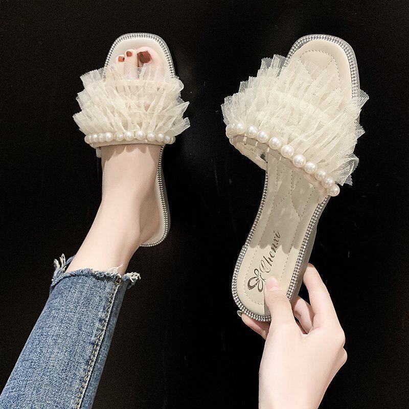 Fairy mesh Pearl small fragrant wind slippers women wear summer new open toe word sandal bridesmaid hand gift