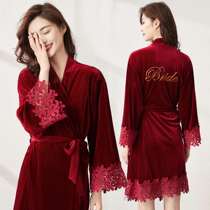 Morning gown female bride group unique wedding ceremony long custom autumn and winter red golden velvet robe lace pajamas