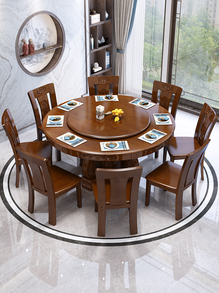 Solid wood round dining table and chair combination home 8 to 10 people dining table with turntable Chinese carved oak large round table