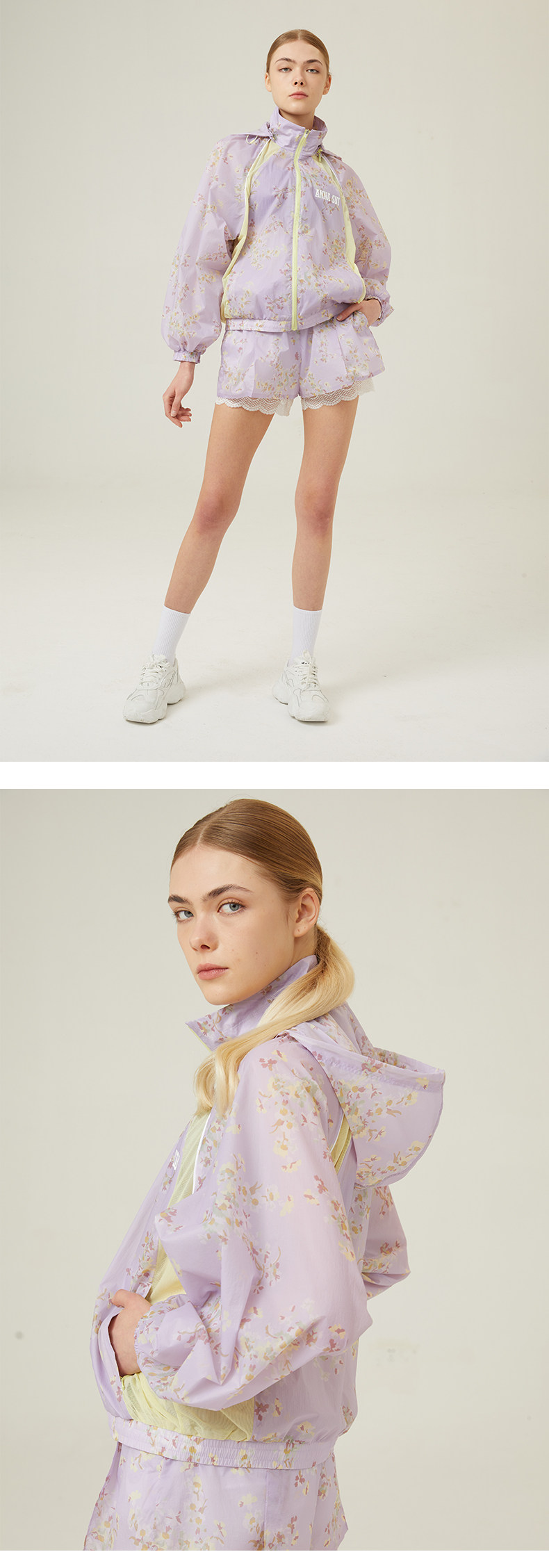 Куртка для йоги anna sui安娜苏运动 拼接印花抗uv50+花园防晒服透气带帽女长袖