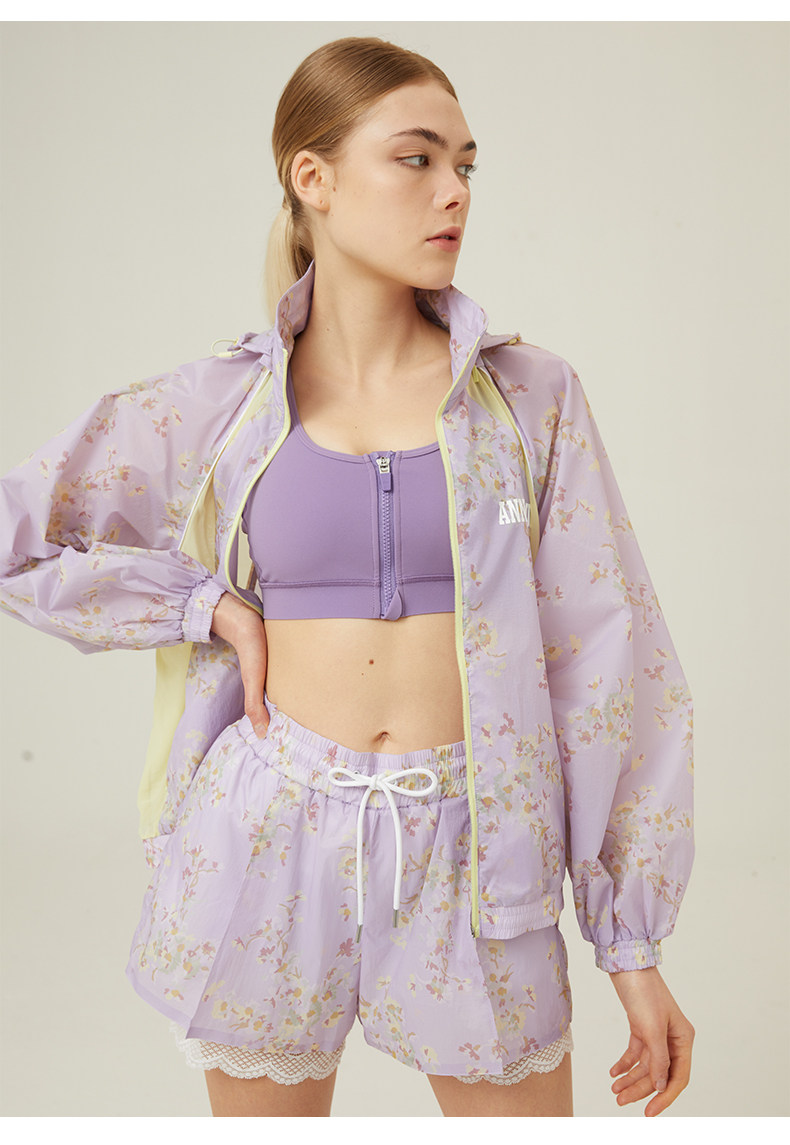 Куртка для йоги anna sui安娜苏运动 拼接印花抗uv50+花园防晒服透气带帽女长袖