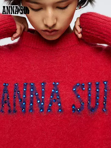 Anna sui, спортивный красный бархатный шерстяной трикотажный свитер, с печатью вашего логотипа