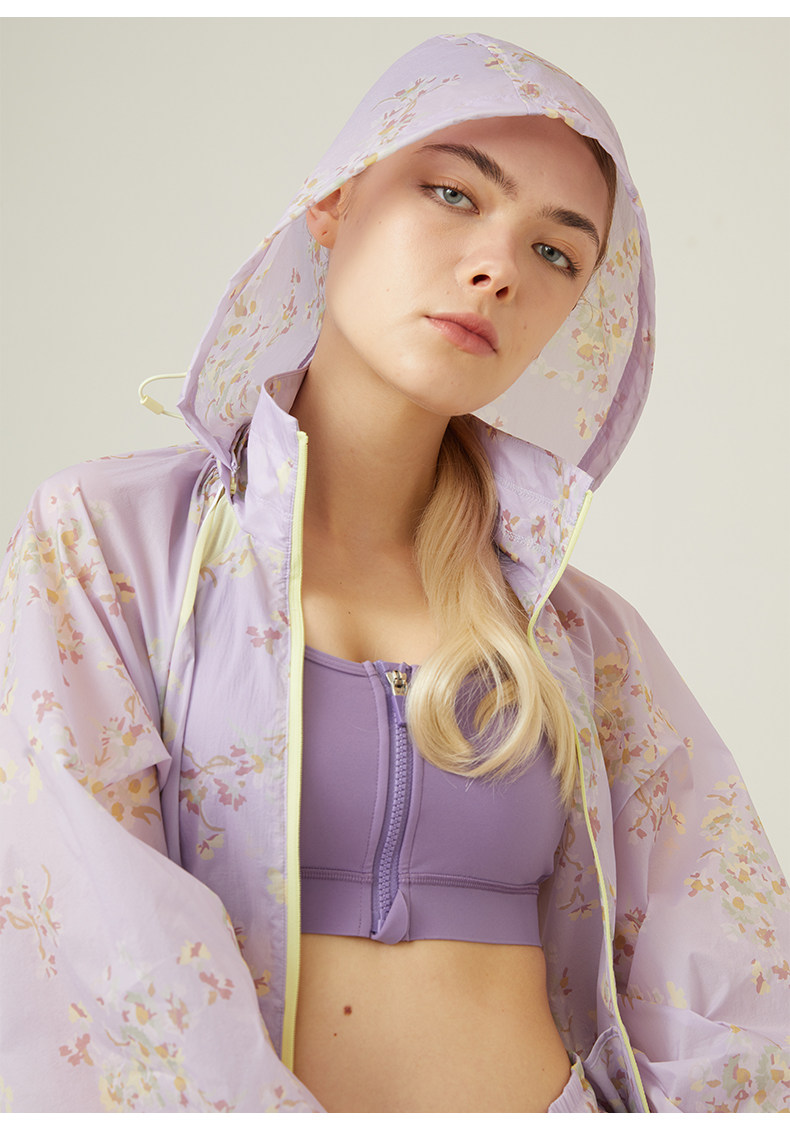 Куртка для йоги anna sui安娜苏运动 拼接印花抗uv50+花园防晒服透气带帽女长袖