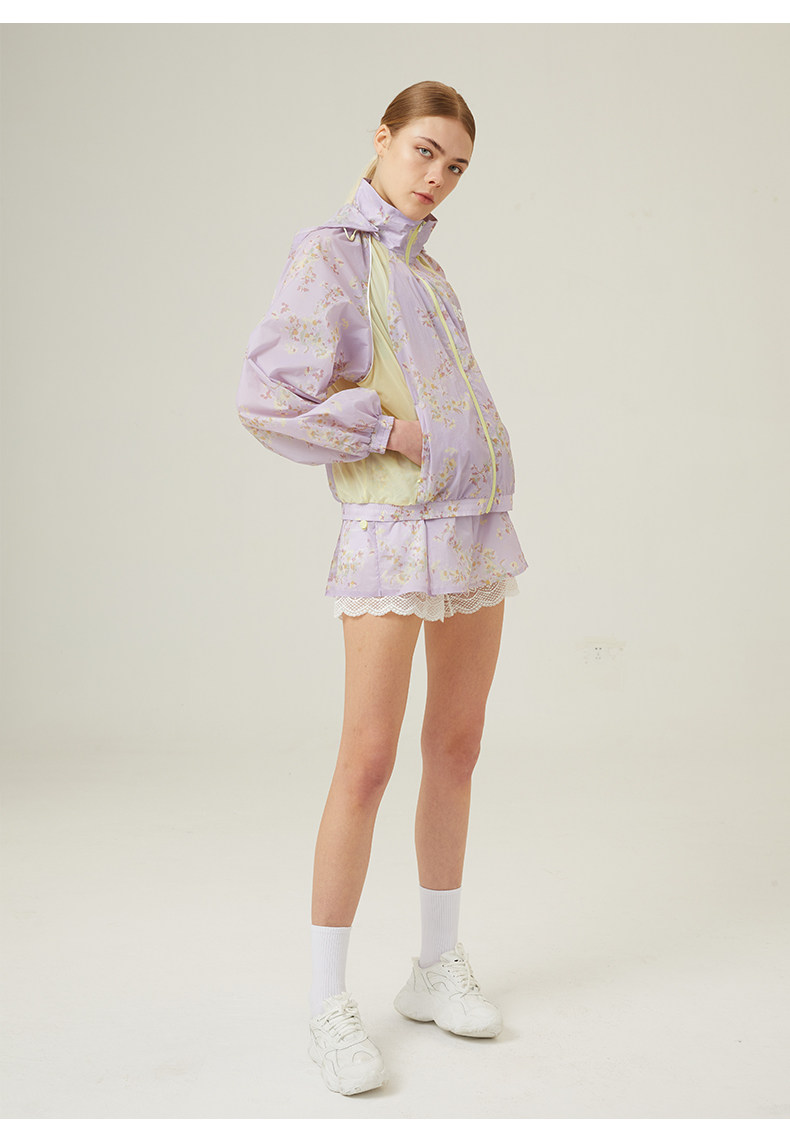 Куртка для йоги anna sui安娜苏运动 拼接印花抗uv50+花园防晒服透气带帽女长袖