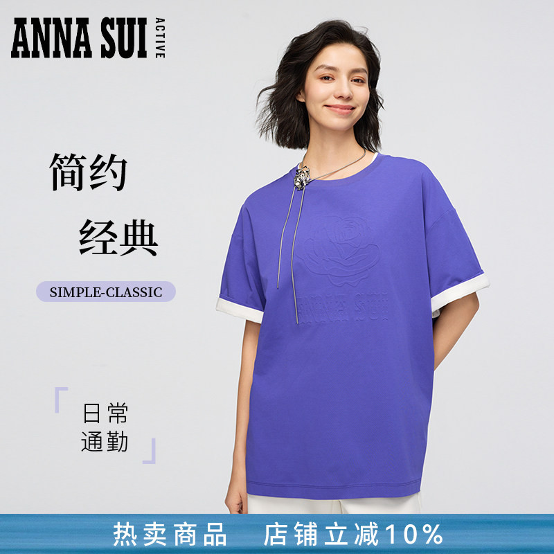 Annasui Anna Su Sports Star's Same Style Rose Round Neck Short-Sleeved T-Shirt Large Oversize Unisex Style