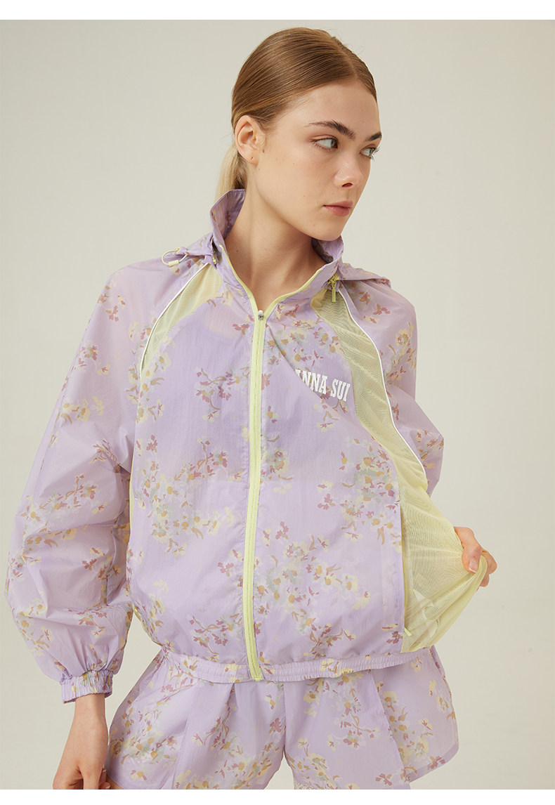 Куртка для йоги anna sui安娜苏运动 拼接印花抗uv50+花园防晒服透气带帽女长袖