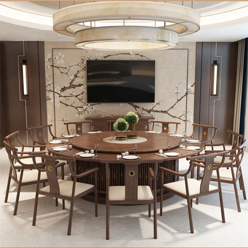 Hotel new Chinese electric large round table dining table multi-position automatic turntable hot pot table hotel box furniture customization
