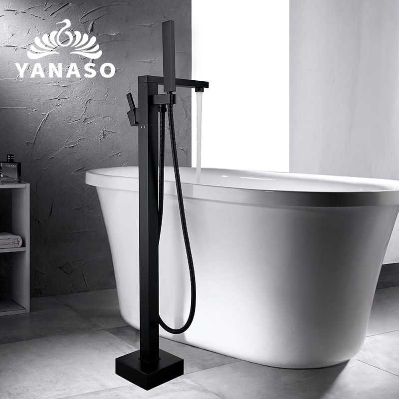 Janasso full copper bathtub tap floor type hot and cold water tap Home Cylinder Side Style Shower shower Head Kit Black