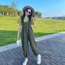 Korean girls overalls suit summer 2024 new childrens pants girls middle and older childrens summer clothes trendy and cool outfits