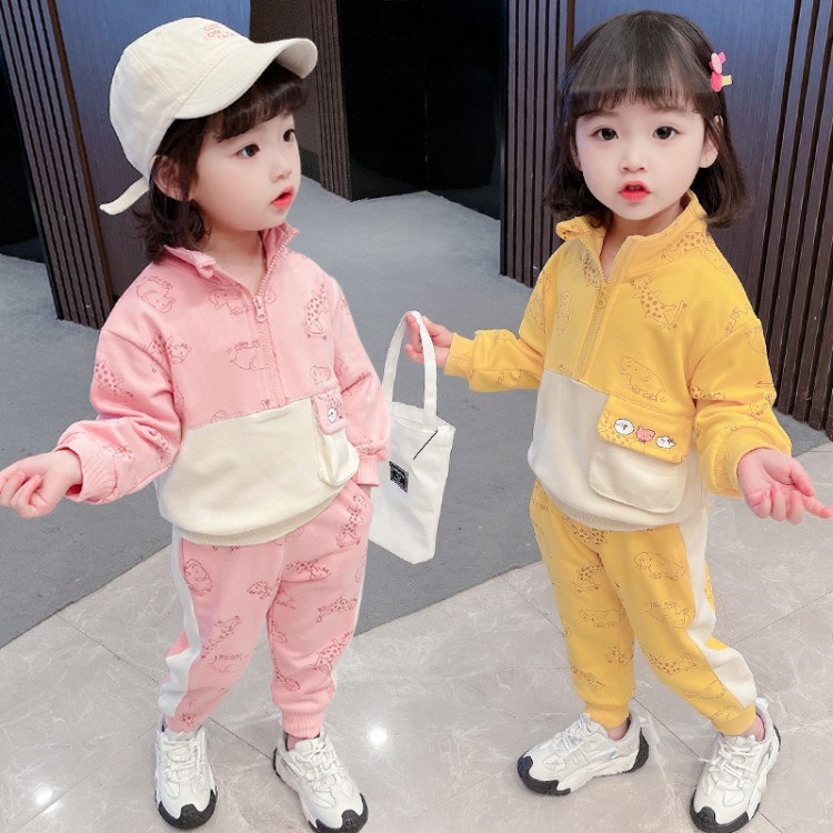 South Korean girl's wear pants thick cotton T suit 2022 spring loaded Korean version children's cartoon clothes female baby casual two style