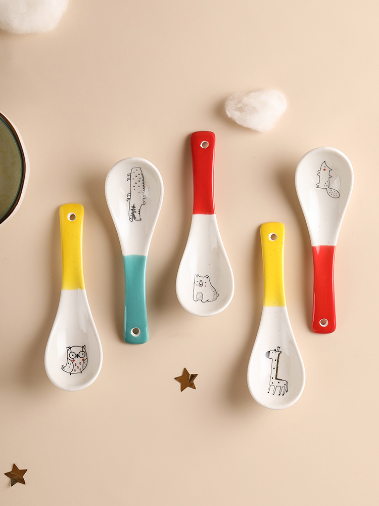 Blue lotus spoon children's cute net red cartoon ceramic heat-resistant household porcelain spoon children's spoon Japanese-style short-handled rice spoon