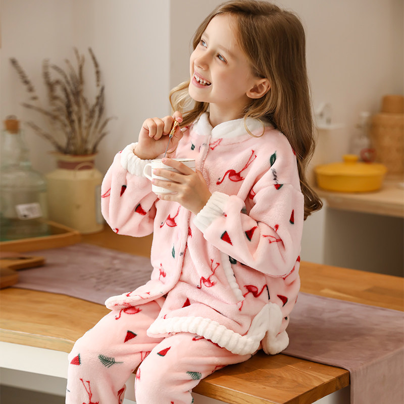 Children's coral fleece pajamas fall winter girls flannel little girls in the big kids homewear set thicker