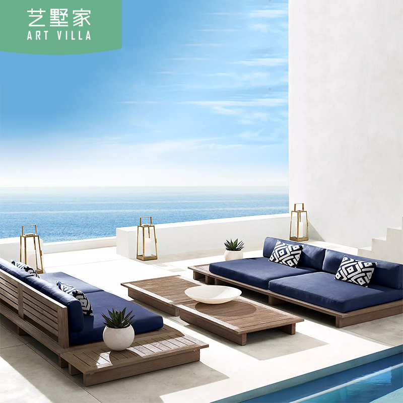 High-end outdoor teak sofa open-air villa hotel courtyard solid wood sofa coffee table combination sunscreen and rainproof sofa