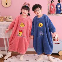 Flannel Children Conjoined Sleeping Clothes Autumn Winter Women CUHK Childrens Parenting Thickened Coral Suede Boy Big Code Anti Kick Sleeping Bag