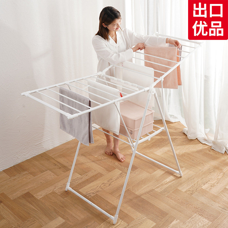 SHESHOME clothes rack Floor folding clothes rack Stainless steel simple indoor balcony mobile airfoil drying rack
