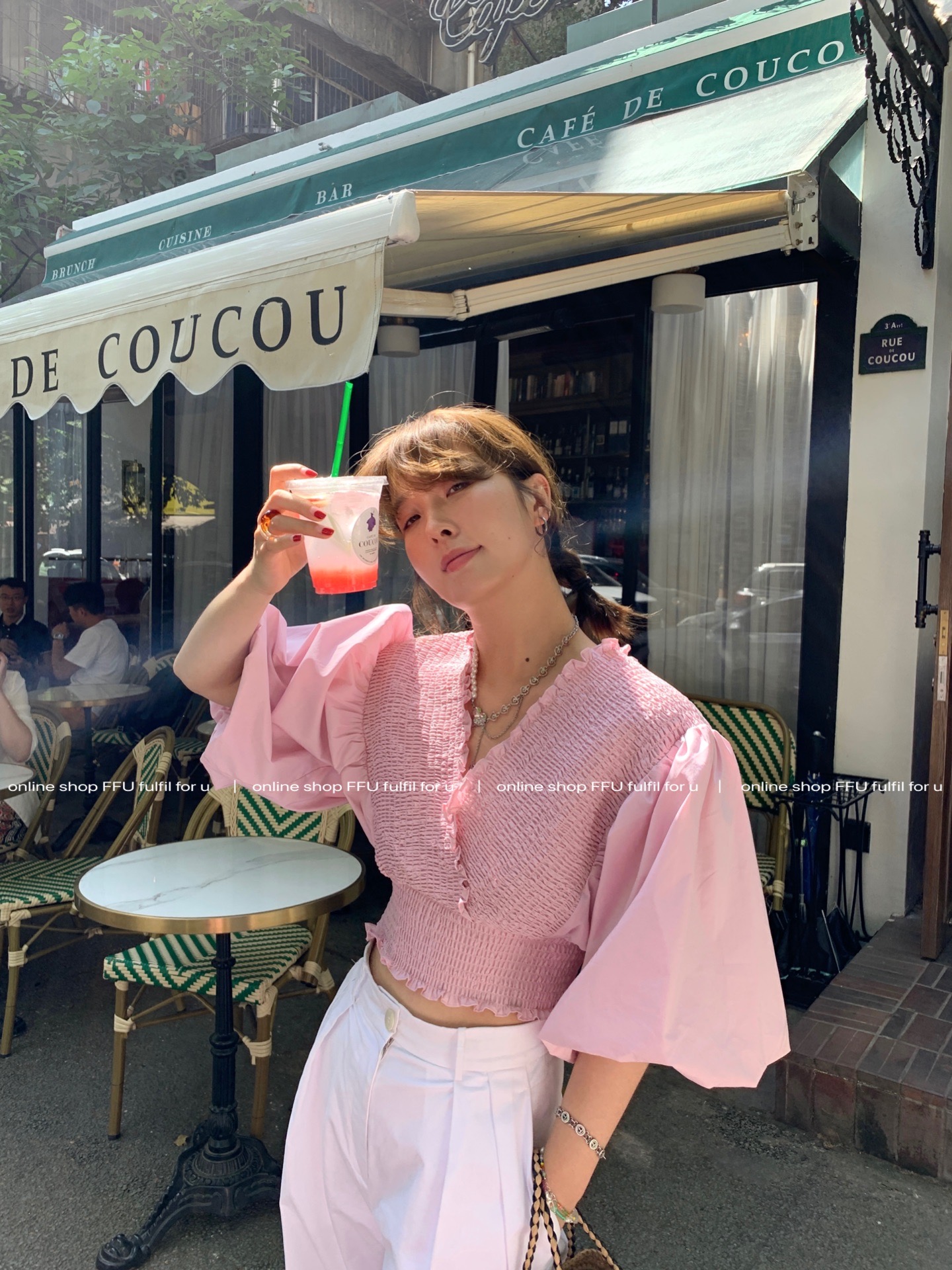 FFU French Puff Sleeves Off-Line Neck Short Slim Design Slim Slim Top Women (Clearance)