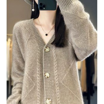 New autumn and winter v-neck cashmere cardigan women's long-sleeved diamond loose lazy wool knitted sweater jacket