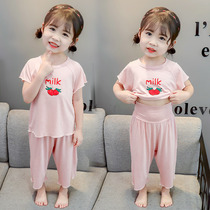 Childrens Modal Pajamas Girls Summer Thin Cotton Baby Short Sleeve Home Clothes Set Summer Ice Silk