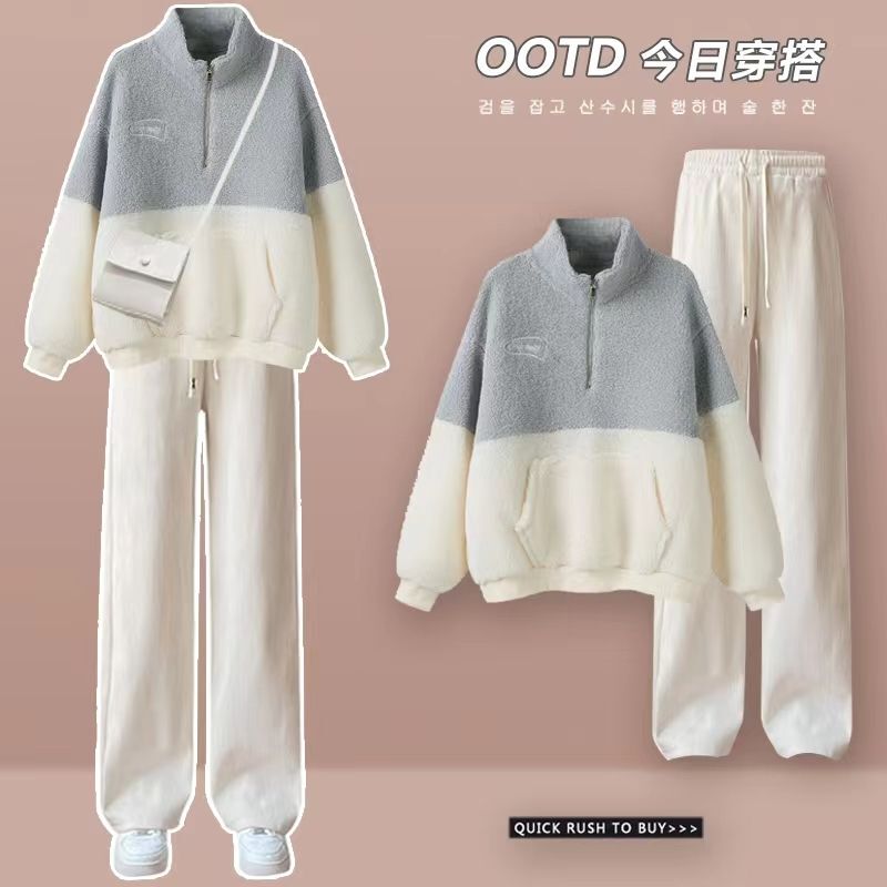 Fleece-Lined and Thickened Lamb Wool Outerwear Set for Women, New Autumn and Winter Style, Salt-Style Petite Wide-Leg Pants, Fashionable Two-Piece Set