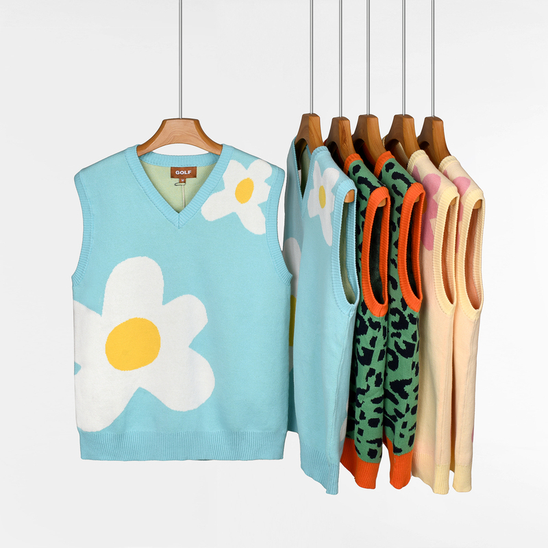Golf Wang Little Flower Collaboration Sky Blue Leopard Print Unisex Sweater Knitted Vest Spring Autumn Winter Couple Shirt