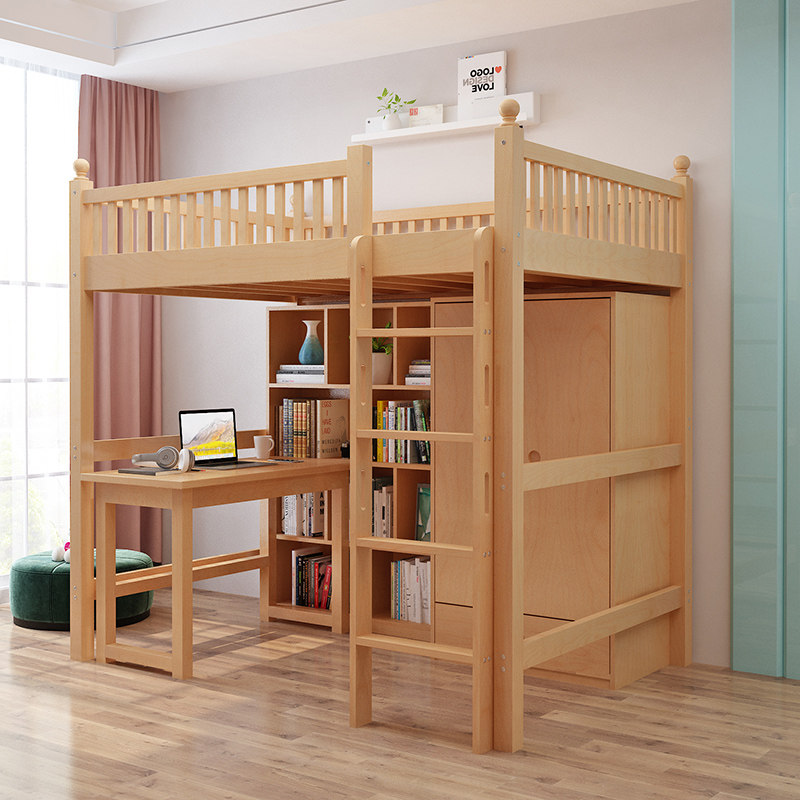 Beech wood upper bed lower table combined children desk integrated solid wood elevated bed upper floor empty with wardrobe upper and lower bed