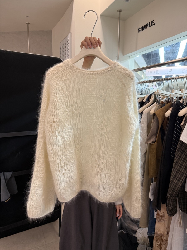Autumn Korean-Style Gentle Mohair Knit Sweater with Hollow Jacquard Pattern, Loose Fit, Slimming, Soft and Translucent Long-Sleeve Sweater