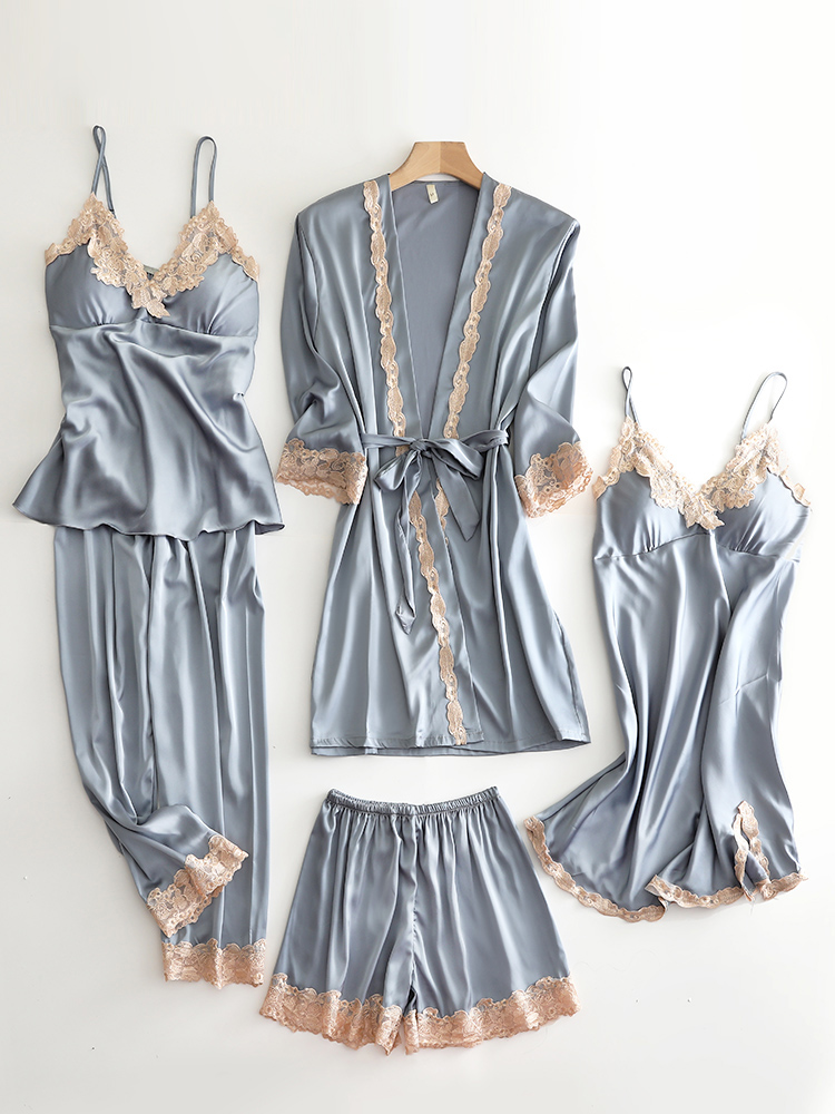 High-quality pajamas, women's sexy five-piece suit, lace belt, chest pad, suspenders, nightdress, nightgown, shorts, silk homewear