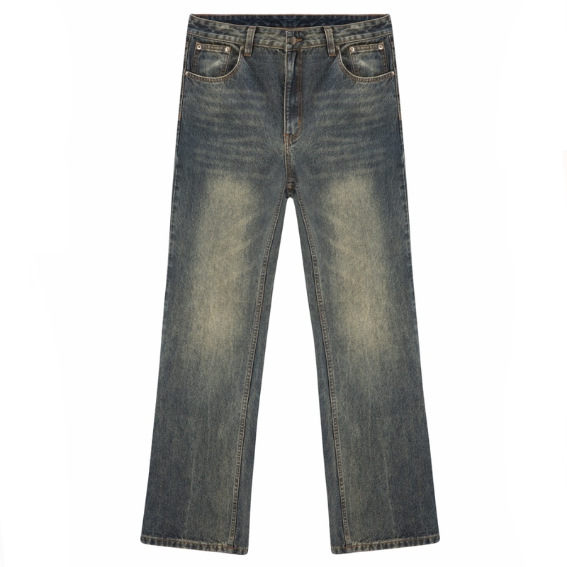 Emgr Online American-Made High-Weight Slub Cotton Nano-Dyed Dirtyfit Distressed Washed Flared Denim Pants