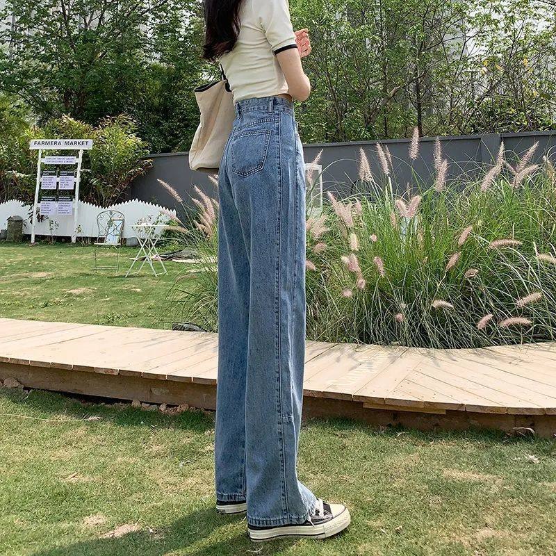 High waist jeans women's summer thin section stitching loose and thin 2022 hot style drape and thin Hyuna straight pants women