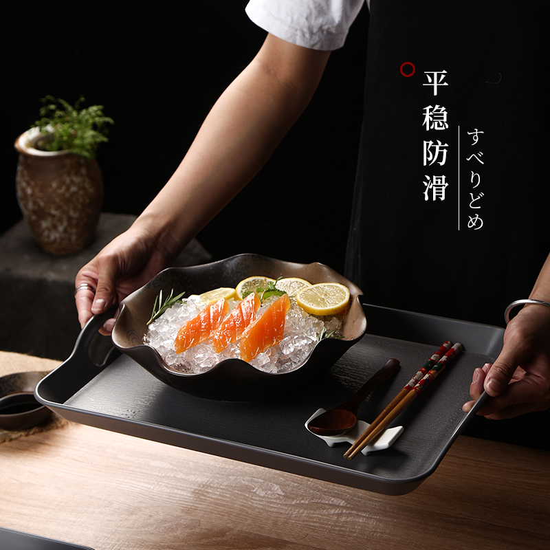 Japanese-style tray melamine wood grain with handle plastic serving plate rectangular large hotel restaurant thickened commercial plate