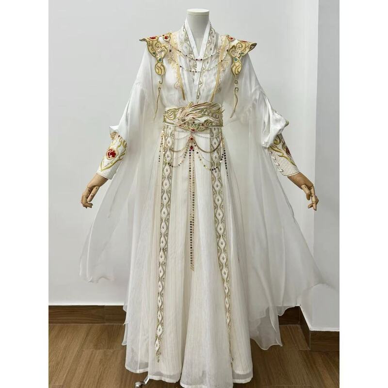 Hanfu for Men and Women, New Style, Cross-Collar, Ancient Chinese Style, Elegant, Everyday White Performance Costume, Cosplay Outfit, Character Embroidery, Swordsman Suit