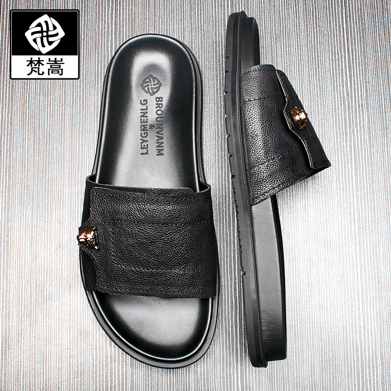 Men's genuine leather driving slippers male and female Summer time outside wearing non-slip word drag trendy net red personality outdoor cool drag male