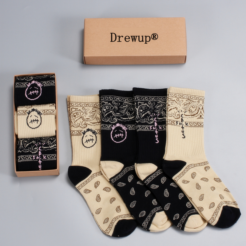 Drewup Cashew Flowers Long Socks Winter High Silo Custom Made Black Face Pattern Men And Women Gift Boxes