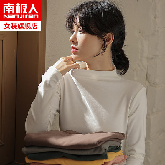 Double-sided German velvet half turtleneck bottoming shirt for women in autumn and winter, slim-fitting white long-sleeved top with thickened middle collar