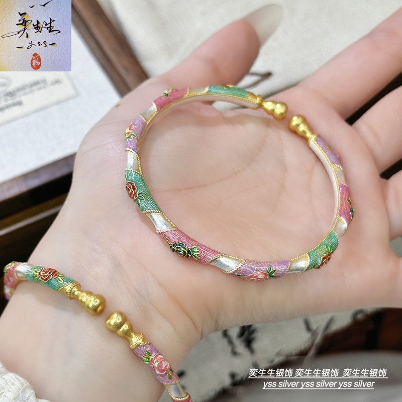 Dyed Spring 9999 Pure Silver Enamel Rose Knot Sterling Silver Bracelet Chinese Style Gourd Open Silver Bracelet Gift Dyed Spring 9999 Pure Silver Enamel Rose Knot Sterling Silver Bracelet Chinese Style Gourd Open Silver Bracelet Gift