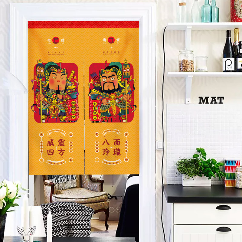 Original Chinese fabric door curtain Kitchen bedroom toilet cotton and linen hanging curtain Half curtain door god partition window free hole household